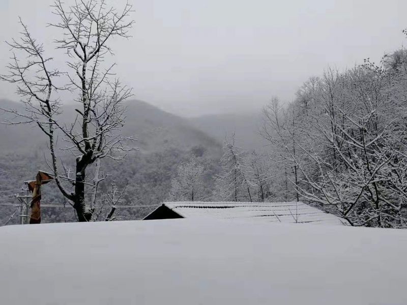 道路上、房顶上，周围大山，都被白雪覆盖。李万华 摄