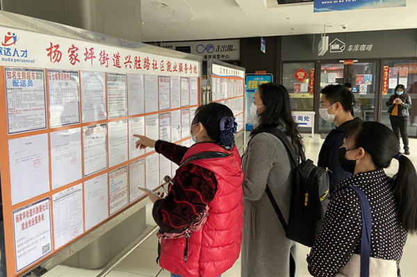 求职者在欧达人才市场查看招聘信息。 记者陈钰桦摄