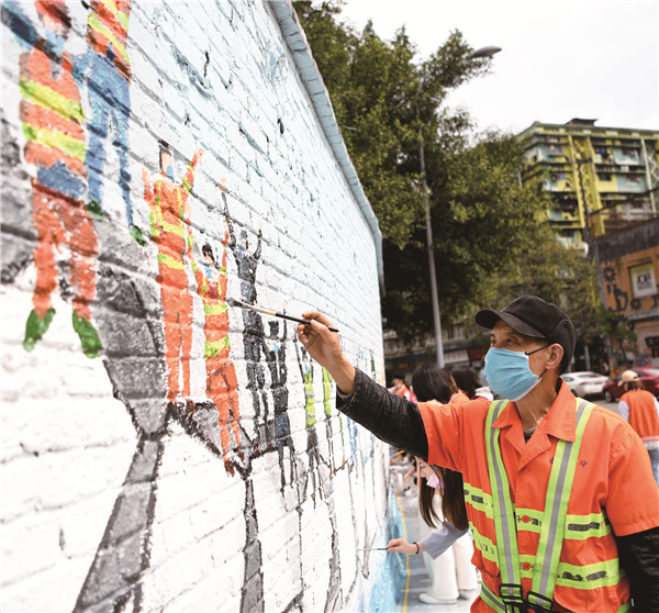 过路的清洁工人受邀画出自己所在行业投身抗疫的画面