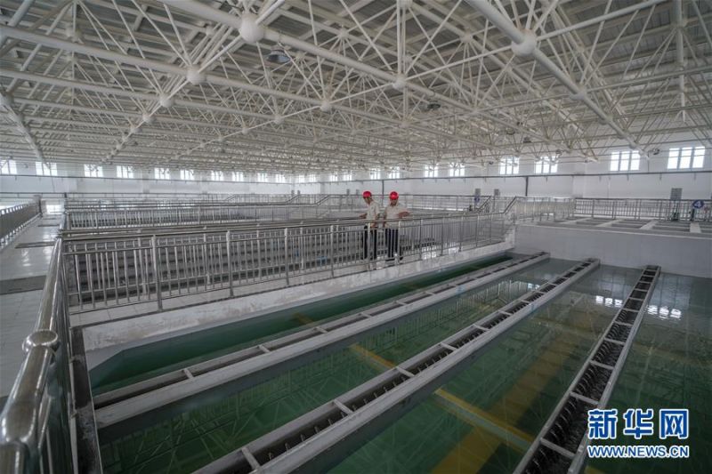 在新疆喀什地区城乡供水总水厂里,工作人员检查清水池工作情况(6月8日摄)。这些安全水将通过近112公里的主管道直达伽师县,供应当地居民用水。 新华社记者 赵戈 摄