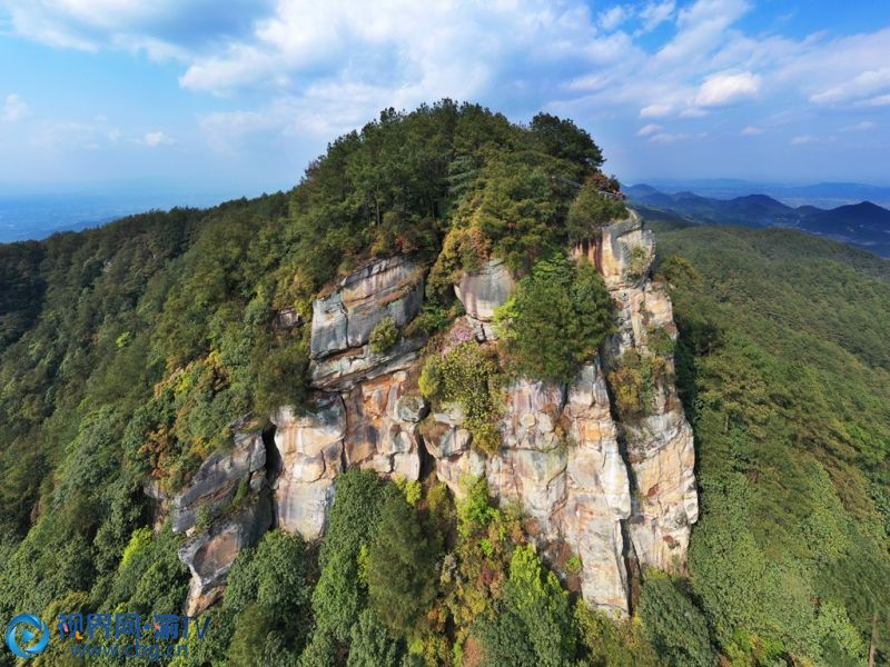 春日的重庆市长寿区五华山景区，满目皆是绿。站在山巅远眺，林中道路蜿蜒向前，大小山丘错落有致，蓝天白云尽收眼底，吸引不少游客前往踏青。摄影 袁志龙