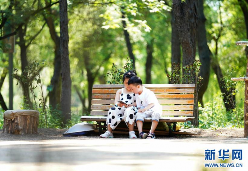 6月17日，小朋友在长春市南湖公园的长椅上玩耍。新华社发（颜麟蕴摄）