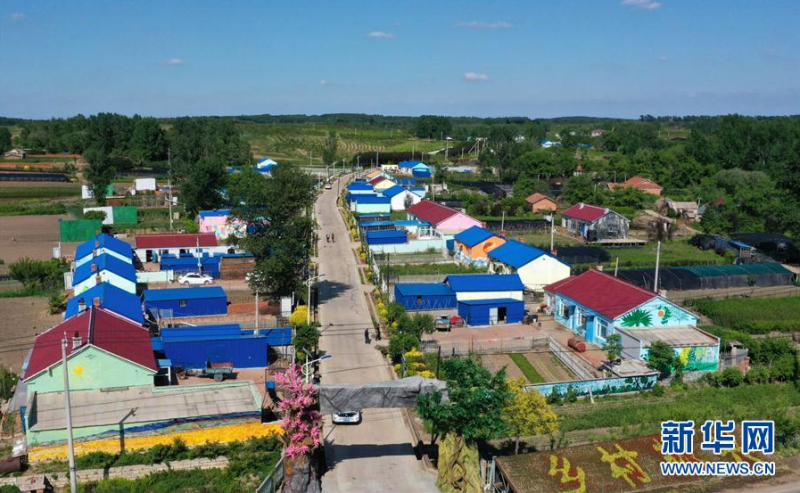 6月18日拍摄的清水村（无人机照片）。　　近日，来自吉林艺术学院的20余名美术专业教师和学生深入吉林省长春市九台区波泥河街道清水村，用一幅幅艺术涂鸦绘就“靓丽清水”。　　据了解，此次活动是长春市九台区与吉林艺术学院通过资源下沉、文化下沉的方式，实现资源共享共建，进一步推进农村人居环境整治，丰富村民精神文化需求。 新华社记者 林宏 摄