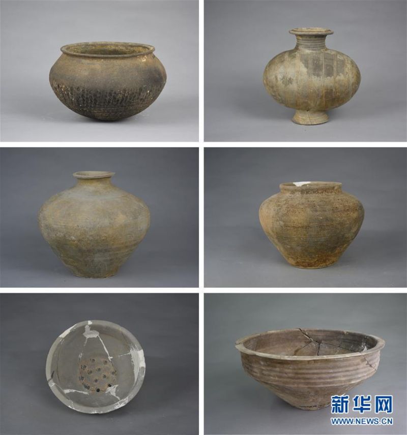 　这是西汉墓内出土的部分陶器的拼版照片（资料照片）。 新华社发
