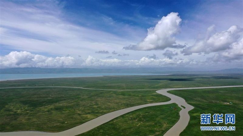 7月10日拍摄的青海湖畔风光（无人机照片）。 盛夏时节，被誉为“中国最美湖泊”的青海湖畔景色宜人，蓝天、白云、湖水与草原组成一幅壮美的画卷。 新华社记者 张宏祥 摄