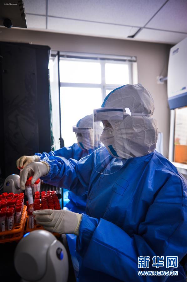 7月3日，中日友好医院检验科新冠核酸检测实验室的检验人员闫克芹和张鑫（前）在实验室内进行样本信息录入。新华社记者 韩旭 摄