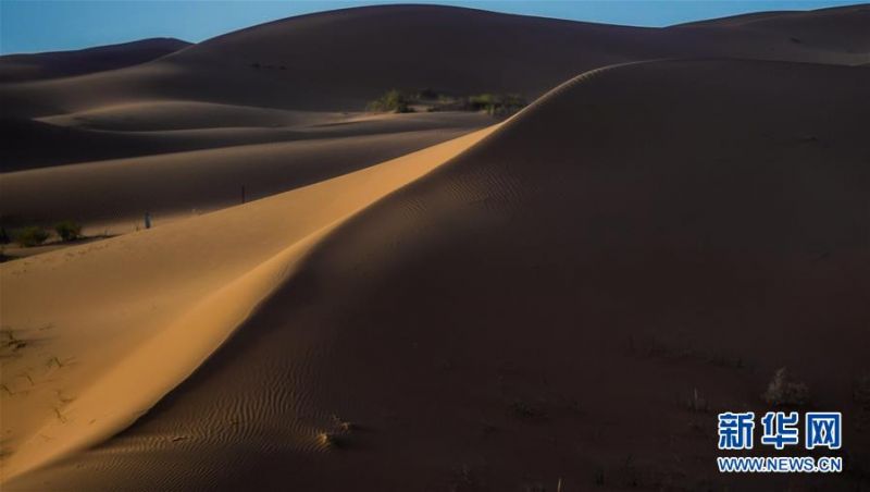 这是7月8日拍摄的腾格里沙漠风光。 位于内蒙古自治区阿拉善左旗西南部和甘肃省中部边境的腾格里沙漠是我国第四大沙漠，总面积约为4.3万平方公里。夏日傍晚，腾格里沙漠连绵的沙丘被日光勾勒出美丽的线条，美不胜收。 新华社记者 连振 摄
