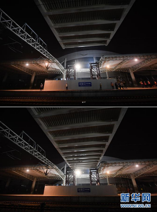 6月24日，浙江苍南火车站改扩建工程项目新建钢天桥顶推作业过程的前后对比图，天桥顺利跨过铁轨（拼版照片）。新华社记者 黄宗治 摄