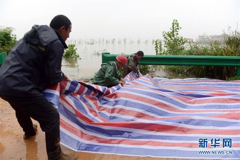 7月10日，在东至县香隅镇丰收圩段，施工人员在抢筑子埂。 安徽省东至县位于长江岸边，拥有85公里长江岸线。近日，长江水位持续上涨，东至县香隅镇丰收圩段出现江水漫溢。为保障群众安全和防汛抢险道路畅通，香隅镇组织对丰收圩段抢筑子埂150米，并安排工作人员开展检查巡护，时刻监测水情。 新华社记者 韩晓雨 摄