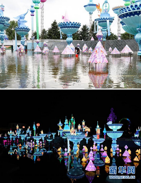 拼版照片：上图为江成财在长春市长影世纪城内安装彩灯内的技术装置（6月27日摄）；下图为6月26日拍摄的长春市长影世纪城大型彩灯。新华社发（颜麟蕴摄）