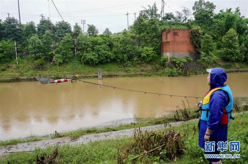 7月1日，在永川区临江河来苏水文站，站长钟睿站在河边指挥控制台的操作员将流速仪放入水中。新华社记者 刘潺 摄
