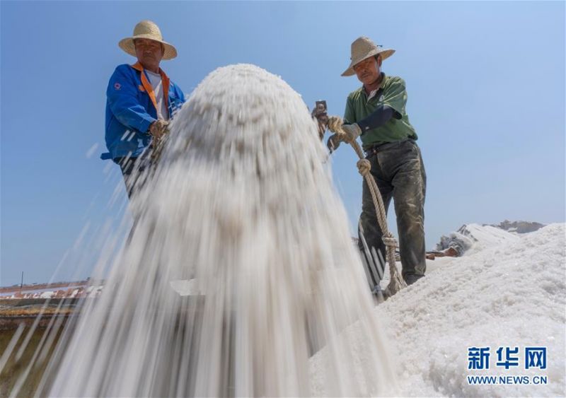 7月9日，唐山市曹妃甸区南堡盐场的工人将收获的春盐装船。 在我国长芦盐区海盐生产基地之一的河北省唐山市曹妃甸区南堡盐场，一年一度的春盐收获工作即将结束，今年南堡盐场的春盐产量预计可达72万吨。 新华社记者 杨世尧 摄