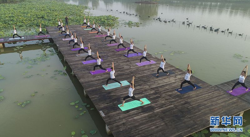 瑜伽爱好者们在运河湿地公园和双龙湖湿地内举行瑜珈展示活动。新华网发（高启民 孔闯 摄）
