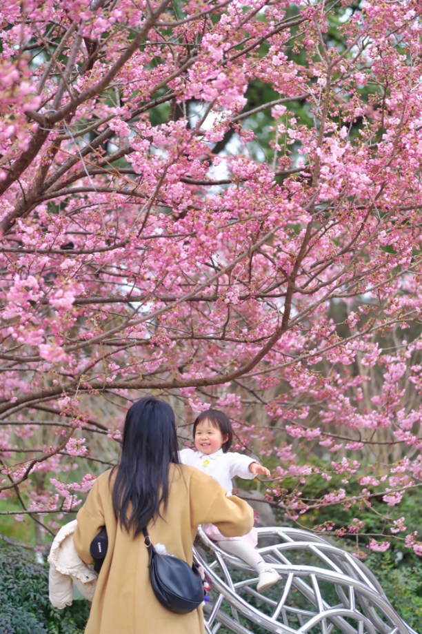 妈妈带着女儿嬉戏。（郭旭 摄）