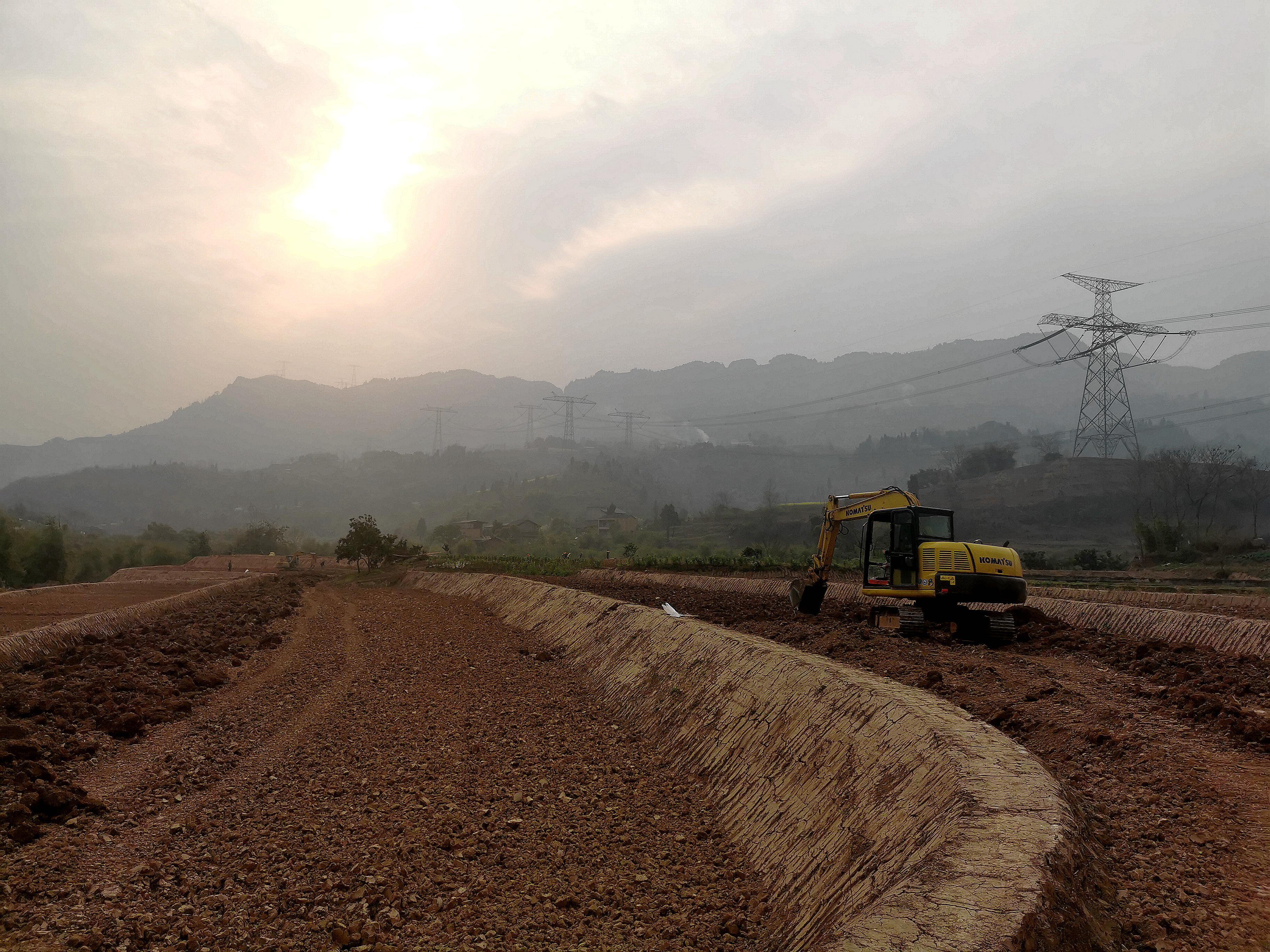 在永新镇谢坪村高标准农田，挖掘机、推土机在田间忙碌，翻土开厢。（摄影：张静）