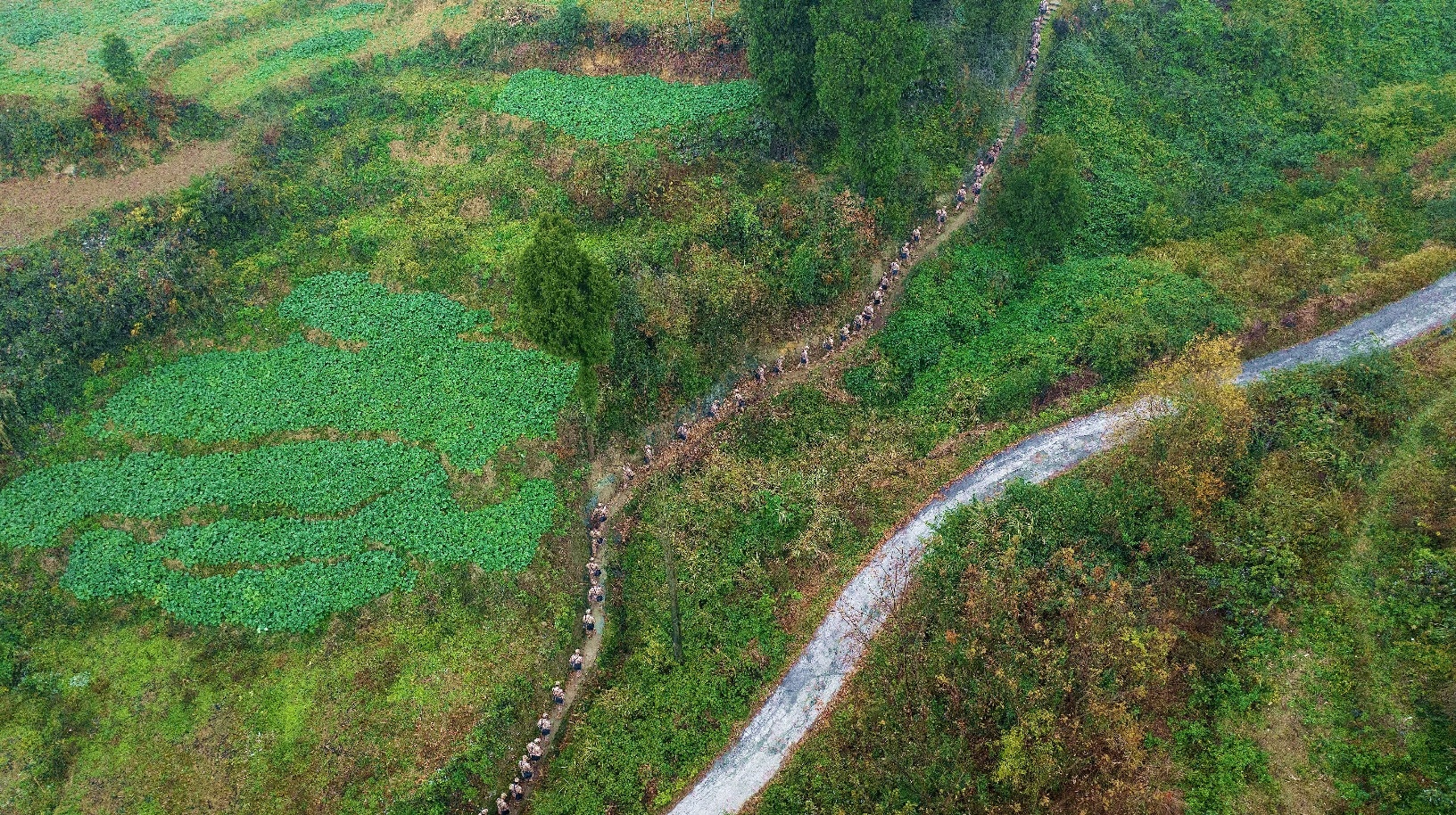 參訓(xùn)人員沿著崎嶇山路前行。（攝影：張靜）